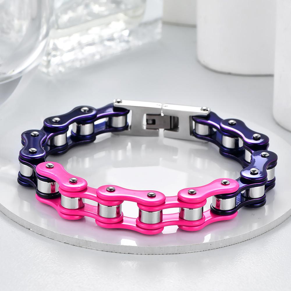 Purple Pink Color Blocking Motorcycle Chain Bracelet for Men Stainless Steel Bicycle Link Design Man Bracelets Hip Hop Jewelry