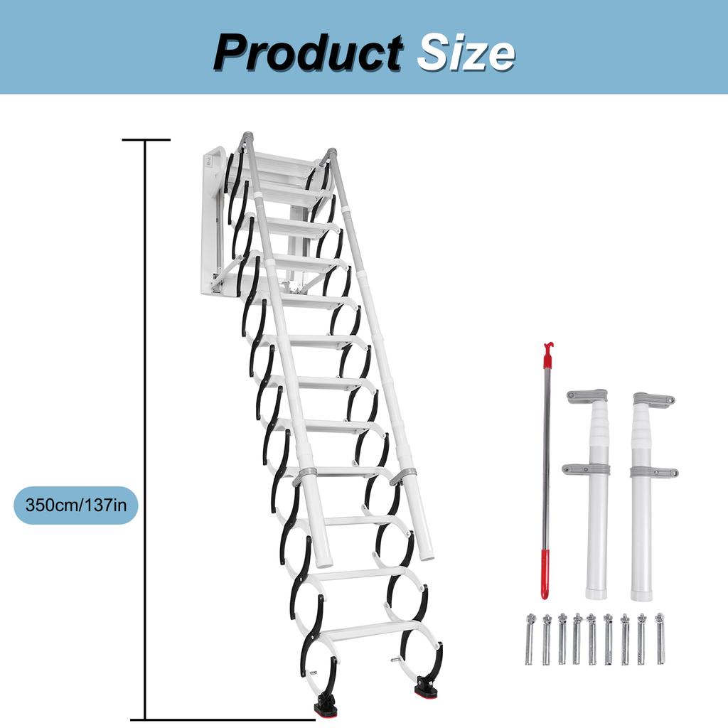 Wall-Mounted 12 Steps 2 Safe Handrail Folding Attic Ladder Durable Black White Anti-Slip for Attics/Garages/Roofs for Home Indoo