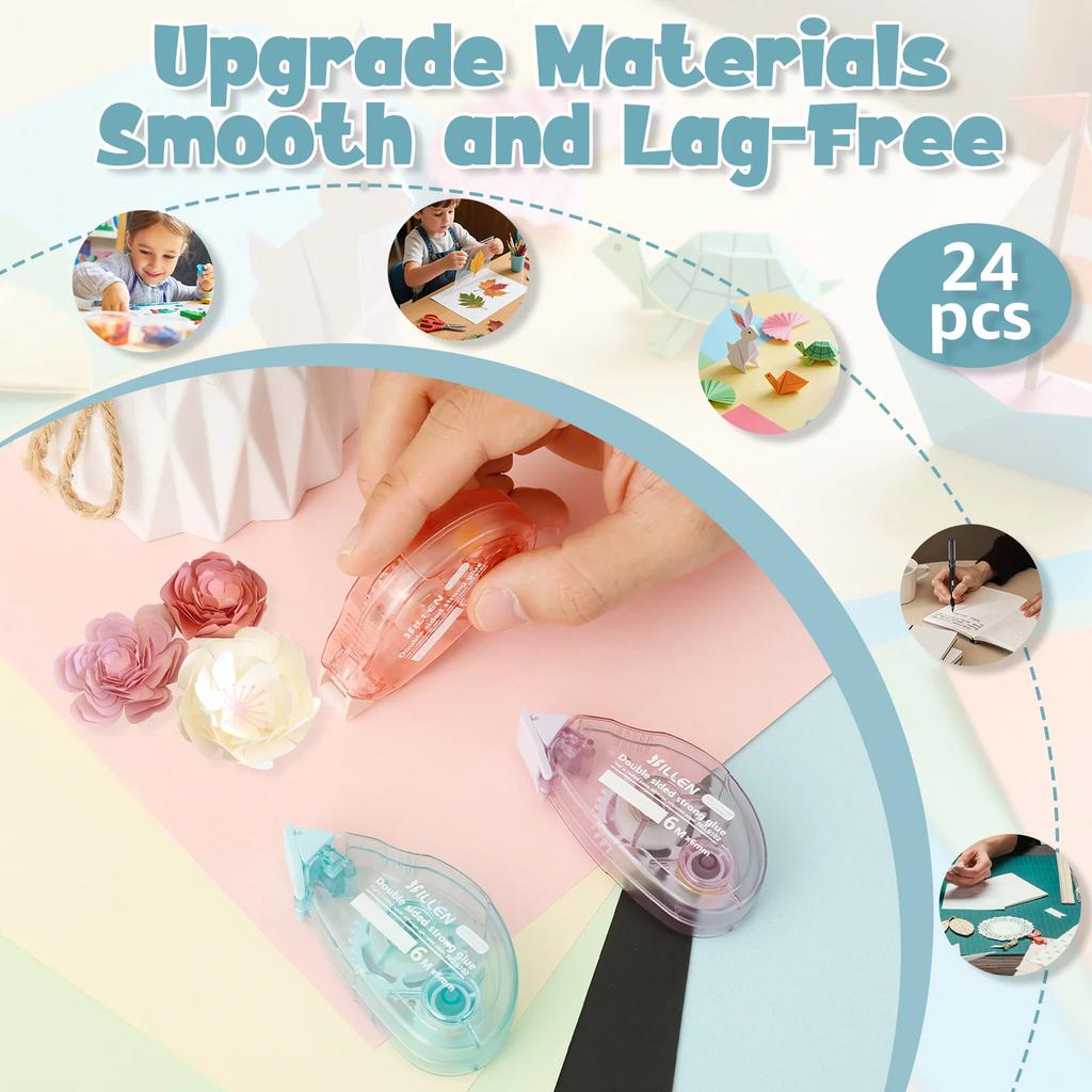 24 Packs Glue Tape Roller Double Sided Adhesive Tape Dispenser Scrapbooking Supplies 6m x 6mm for Cards Journaling Gift Wrapping