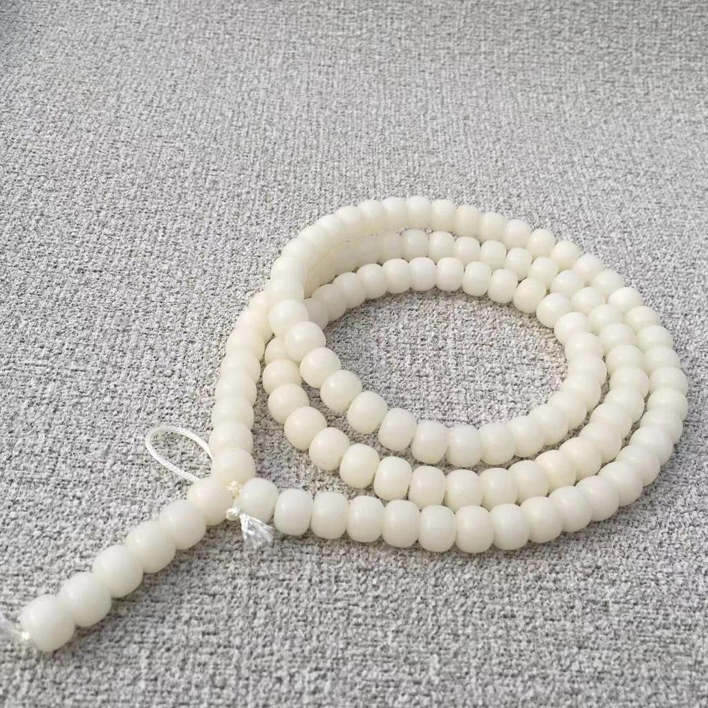 White Jade Bodhi Root 108 Beads Barrel & Apple Shaped Buddhist Bracelet
