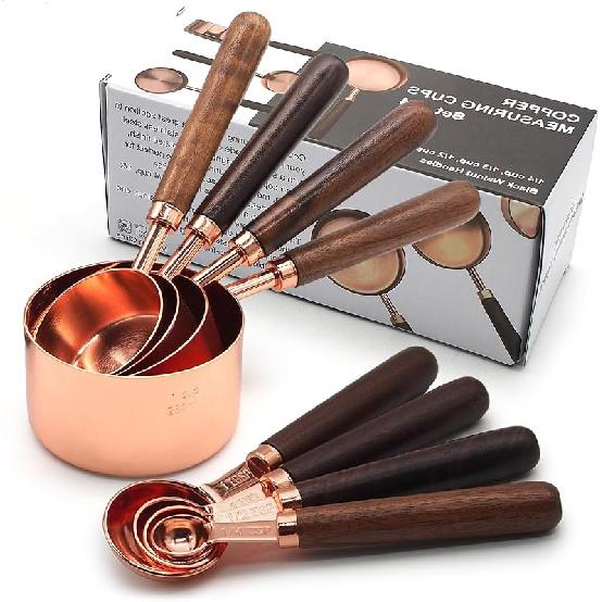 SHIKORI Gold Measuring Cups and Spoons Set with Wood Handles, Premium Stainless Steel Measuring Spoons and Measuring Cups Set-Gold