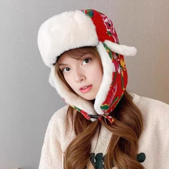 Lei Feng Hat Floral Pattern Thickened Plush Lining Northeastern Hat with Wide Brim Earmuffs Winter Outdoor Headwear