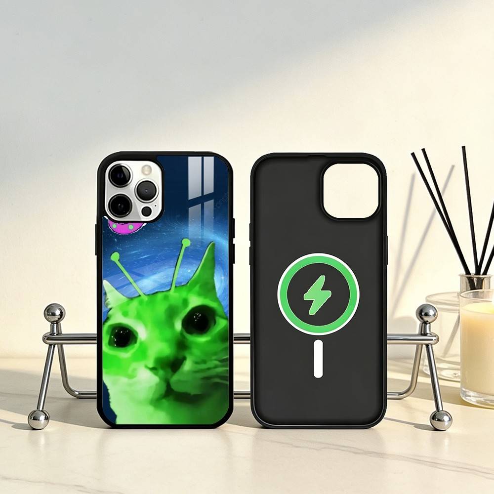 

Green alien cat cute Phone Case For iPhone17,16,15,14,13,12,11 Plus,Pro Max Magnetic For Magsafe Wireless Charging iPhone14PROMAX