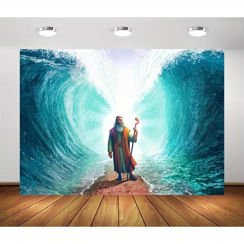 

2D Moses & Red Sea Miracle Tapestry, Christian Bible Story Wall Hanging for Bedroom Decor 47.2x31.5inch/120*80cm