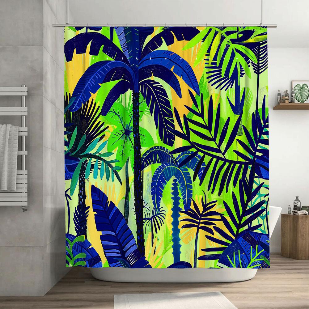Bright Blue Green Tropical Palm Leaf Shower Curtain Bathroom Decor 3D Printed Bath Liner Waterproof Window Canopy Drape