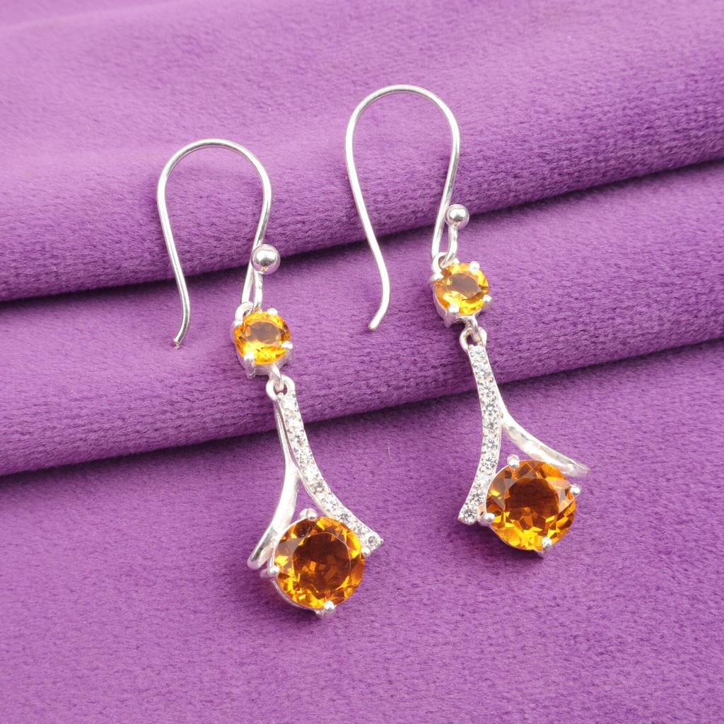 Citrin Edelstein 925 Gestempeltes Silber Schmuck Zirkon Hakenohrringe 1,84" Für Damen CZE-9-2