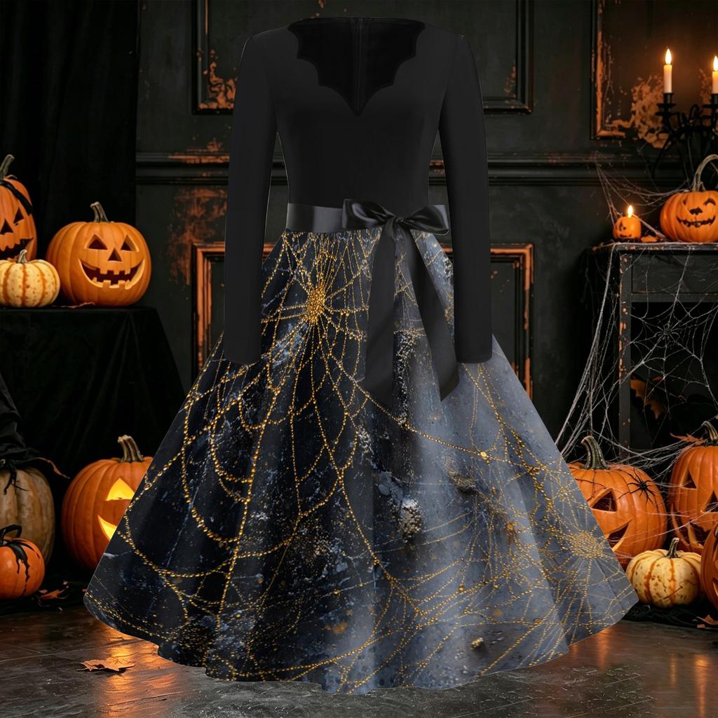 Women's Casual Long Sleeve V Neck Vintage Dress Halloween Print A Line Midi Dress with Waist Tie Belt for Everyday Wear