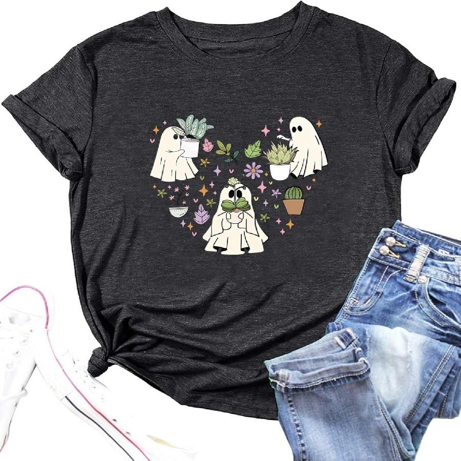 Halloween Plant Ghost Shirts Women Cute Heart Ghost Tee Shirt Casual Short Sleeve Spooky Gardener Tee Tops S