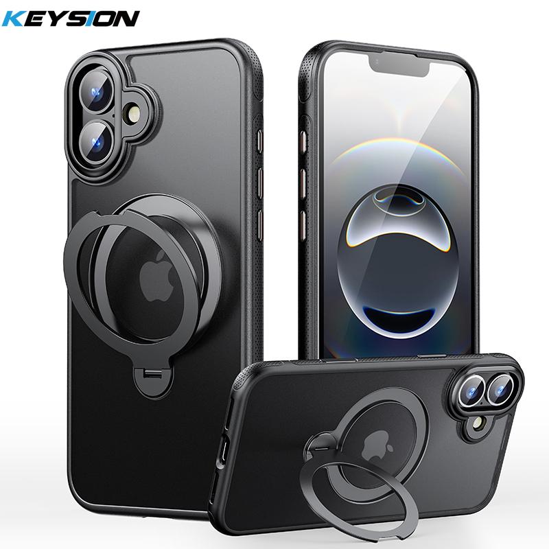 

KEYSION 360° Rotating Magnetic Ring Stand Case for MagSafe for iPhone 16 Pro Max 16 Plus 16e Matte Clear Shockproof Phone Cover for iPhone 16 чорний