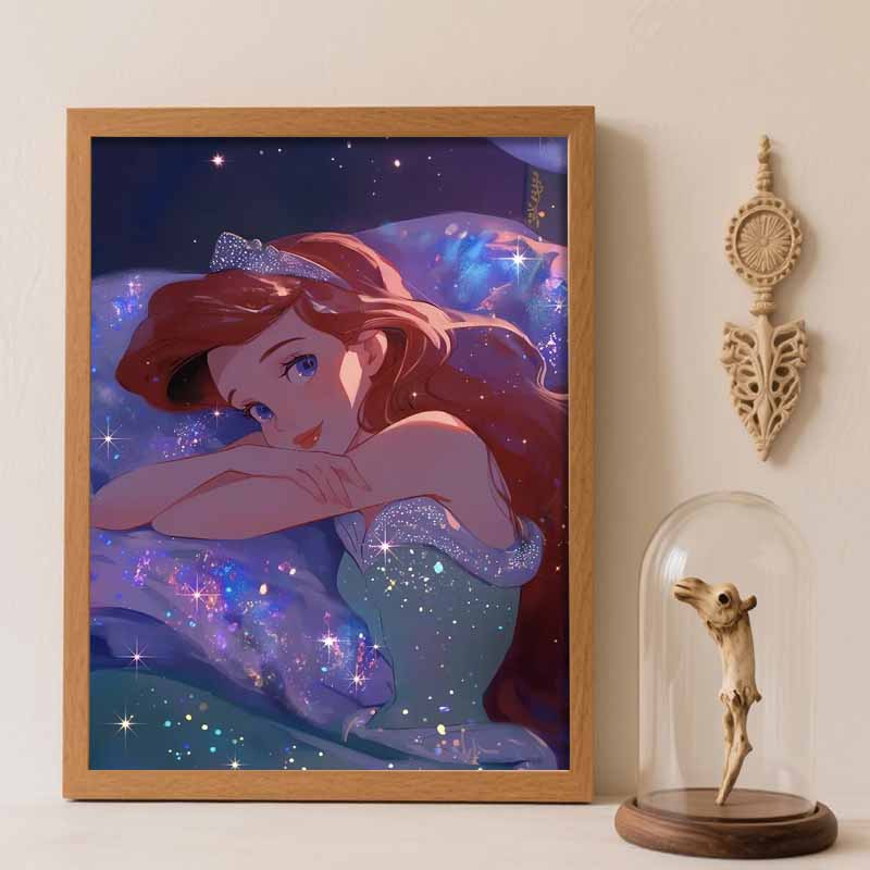 Disney DIY diamond painting 5d Ariel mermaid sparkling full diamond cross stitch diamond living room bedroom wall art decoration painting Round 20x30cm