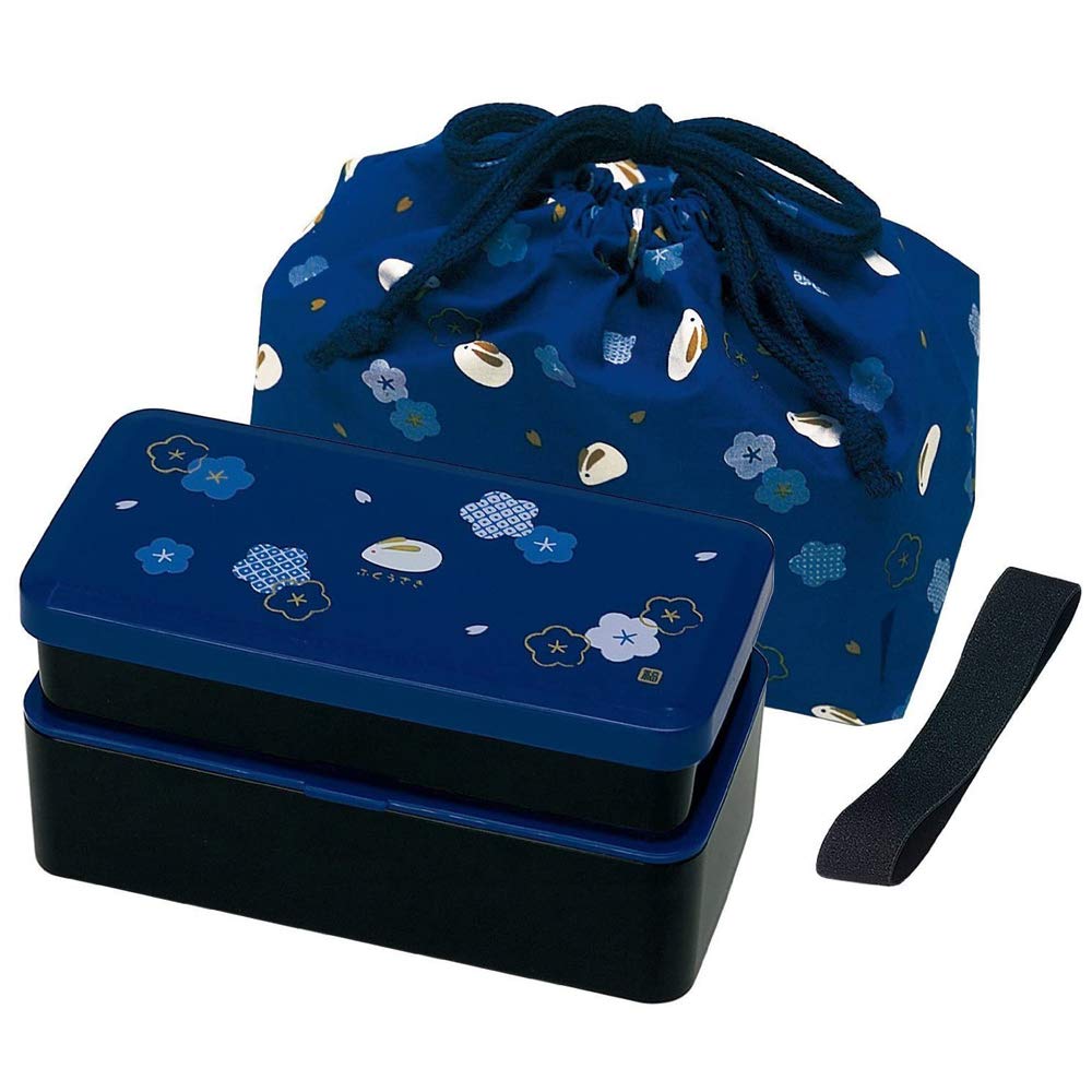 

Skater Shokado Lunch Box with Drawstring Fukuusagi Navy KLS5 Two-Tier Pouch, 640ml, (Fuku Usagi) Design, Blue, темно-синий