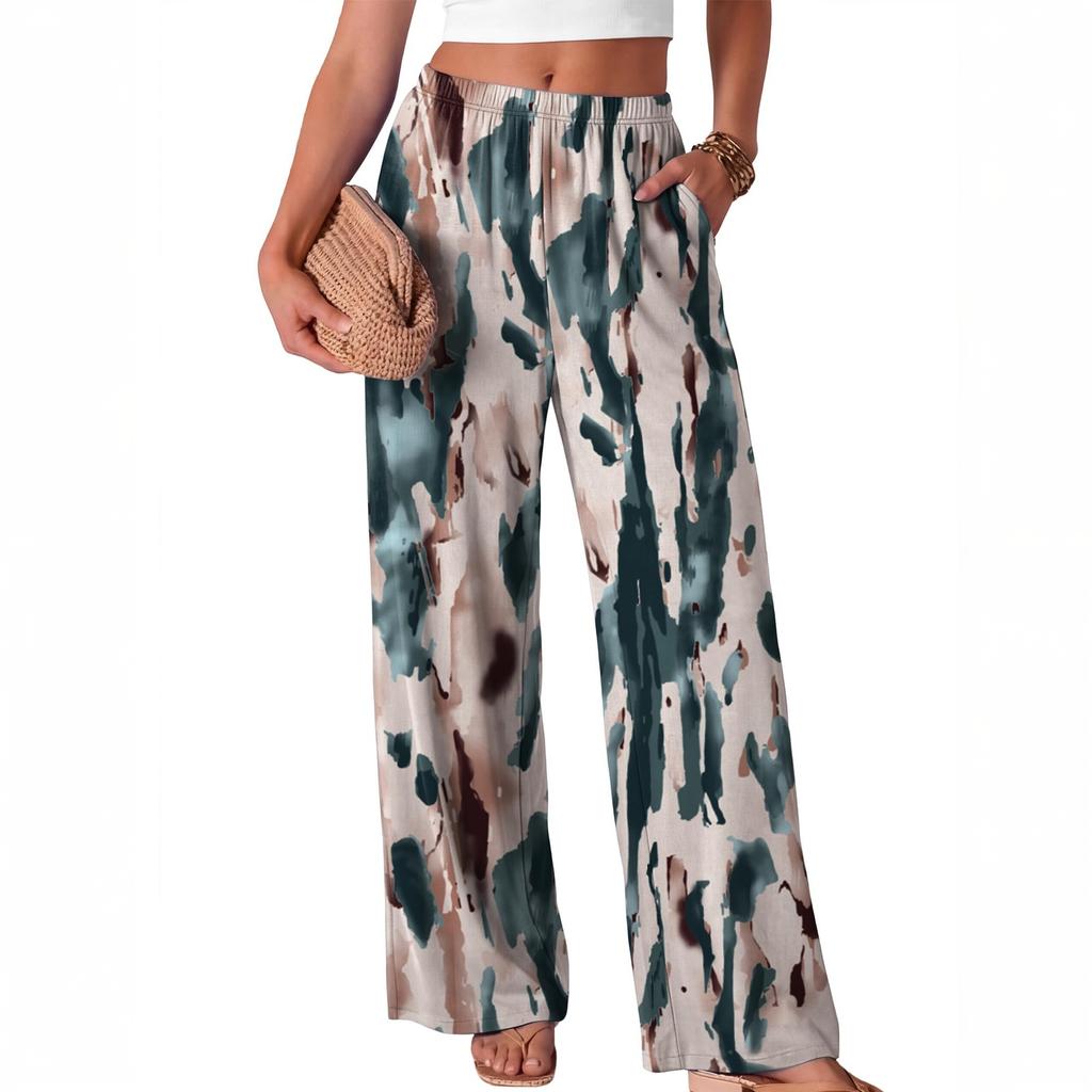Women Loose Fit Wide Leg Trousers Casual High Waist Elastic Waistband Printed Long Pants for Everyday Wear