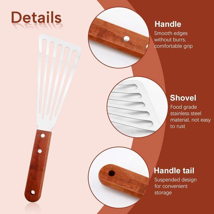 Spatule - AIMOONSA - Acier-Bois - Acier inoxydable - Manche bois massif anti-chaleur - Lame ajourée flexible
