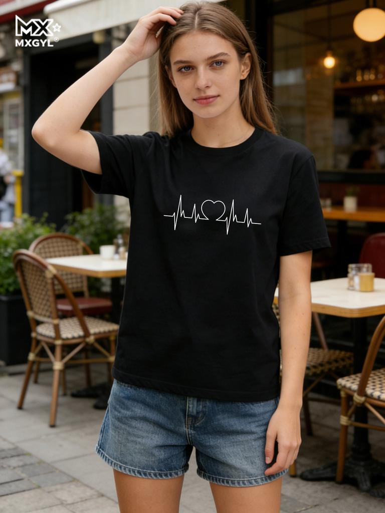 New Style Women's Love Letters Simple Trend Cute Fashion Round Neck T-shirt Short Sleeve Blouse Tops Vintage Graphic Clothes