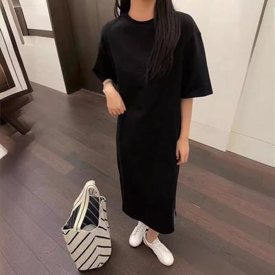 Damen Kurzarm Midi Kleid Sommer Casual Rundhals Hemdkleid Locker Strand Shift Schlitz Langes Kleid