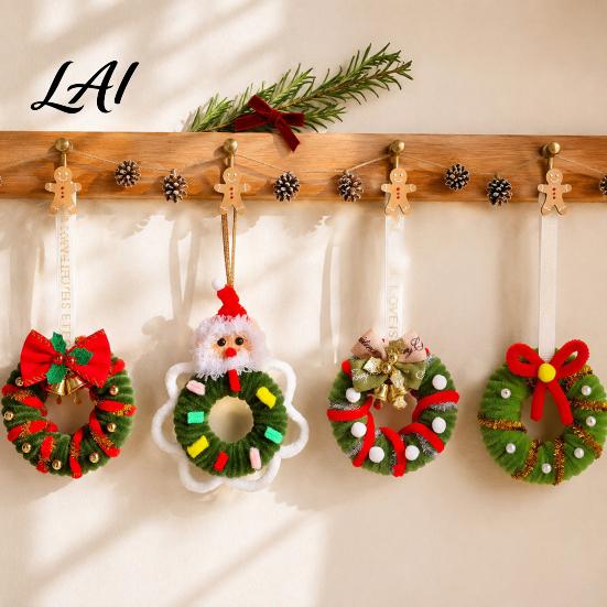Plastic Festive Pendant Handmade Pipe Cleaner Christmas Wreath Ornament Chenille Stems Mini Holiday Gift for Family Crafts with Bow Bells Window