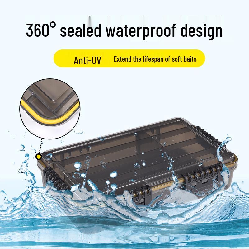 Wasserdichte Köderaufbewahrungsbox mit herausnehmbaren Trennwänden und großem Fassungsvermögen, gesichert mit Kombinationsschnallen für Angelzubehör.