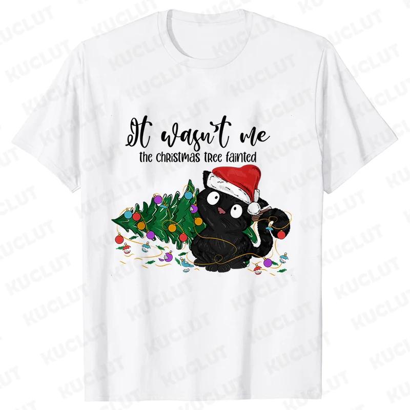 It Wasn's Me Christmas Cat Men T-shirt Christmas Tree Casual Fashion Xmas Aesthetic Short Sleeve Tees