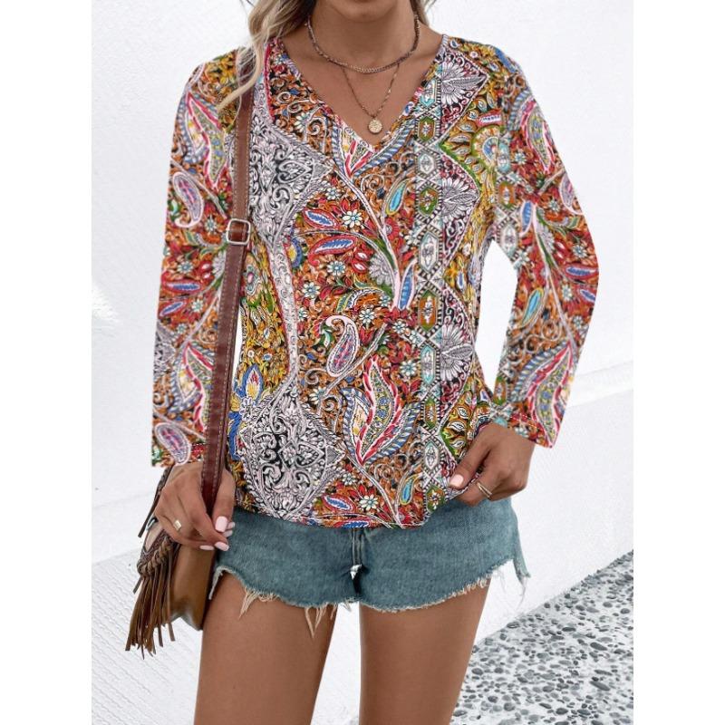 Women V Neck Boho Paisley Print Long Sleeve Blouse Multi Color Ethnic Loose Fit Summer Vacation Casual Top