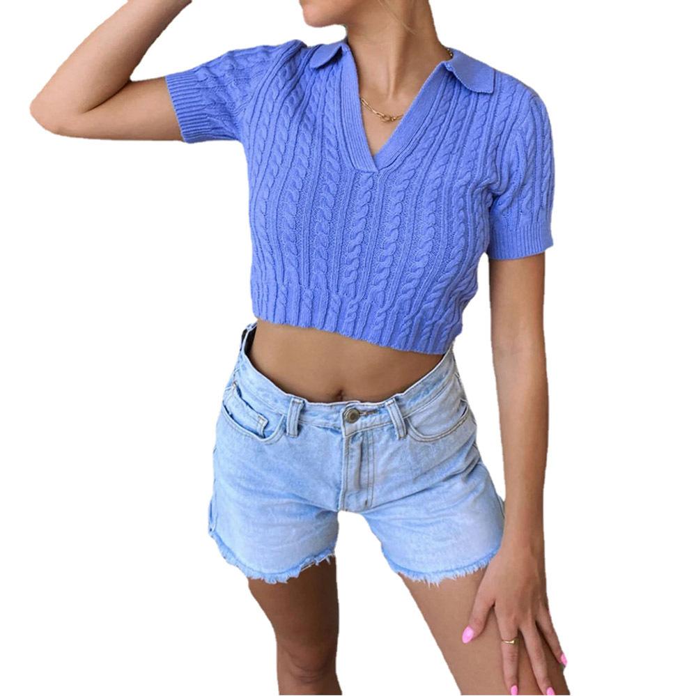T-shirt tinta unita a maniche corte slim lavorata a maglia moda donna estiva