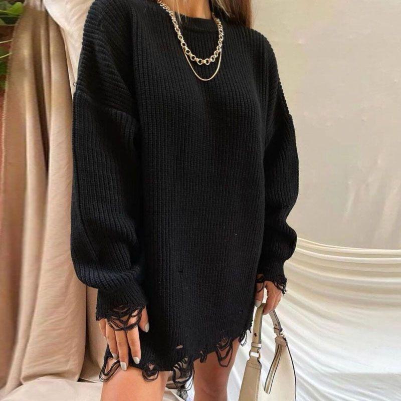 2021 Longsleeved Round Neck and Thick Needle Hem Irregular