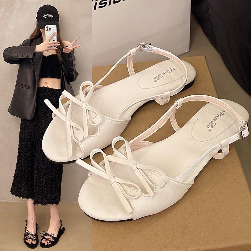 French Women's Open Toe Sandals New Design Flat Bow Roman Style Fashion Hundred Wearable Grip Beach Casual Shoes
