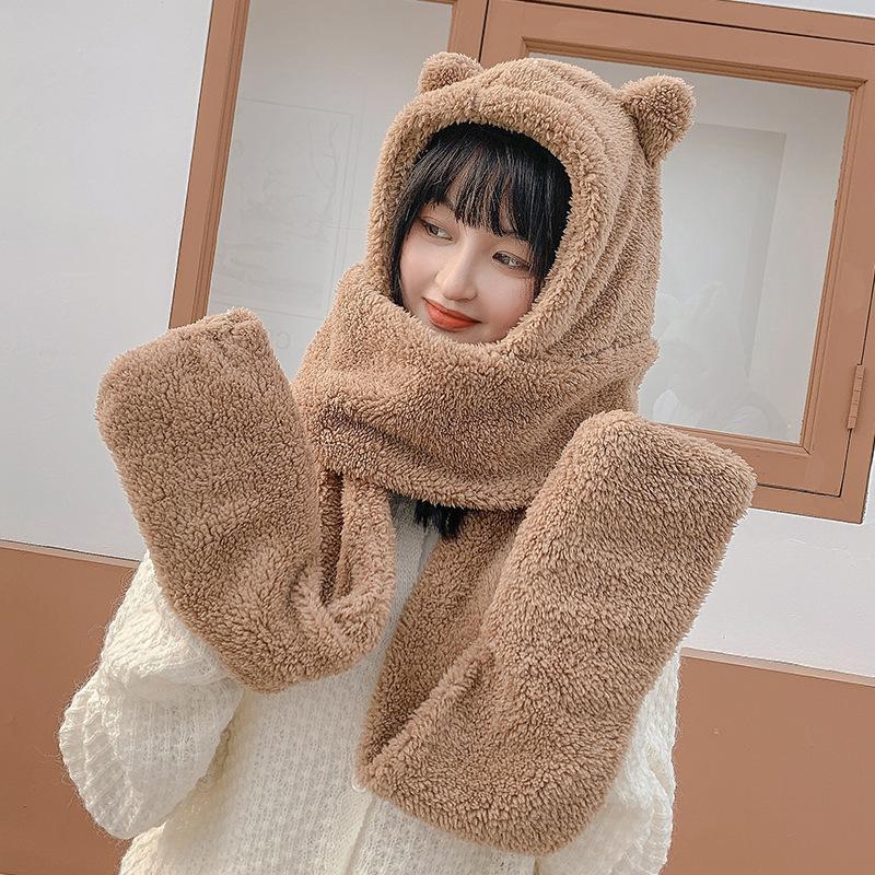 Korean Version of Autumn and Winter Hat Scarf Gloves One Piece Three Piece Warm and Cold Proof Scarf Cute Fashionable Ear-protecting Plush Hat