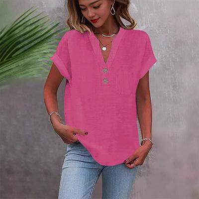 Women's Solid Color V-neck Short Sleeve Button Shirt In Breathable Cotton Linen with Washed Wrinkle, Fashionable European/American Style