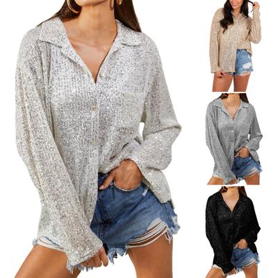 Women Shirt Shiny Sequin Soft Lapel Loose Solid Color Cardigan Single-breasted Performance Club Party Lady Top