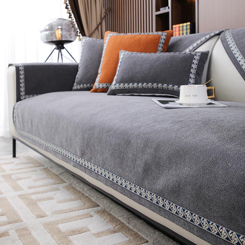 Light Luxury High-Grade Sofa Seat Cushion Four Seasons Universal Towel Cotton Fabrics Linen Cover Solid Color Full Covered Cover Summer Non-Slip