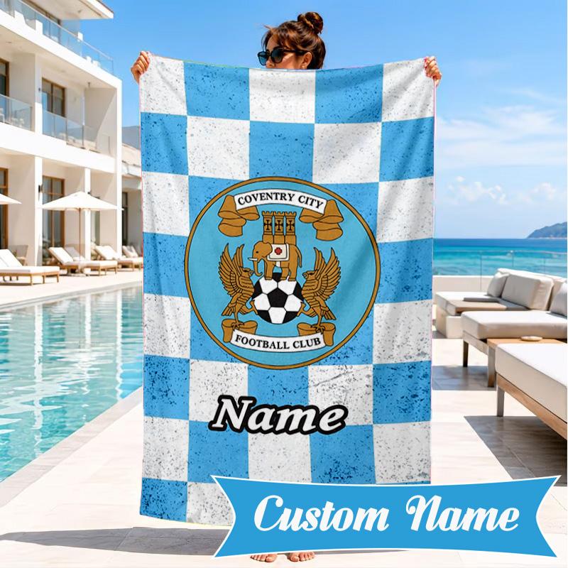 Custom Name Beach Towel Coventry Football Club Crest Microfiber Beach Towel, Lightweight for Summer Travel, Swimming Pool Fan Birthday Gift