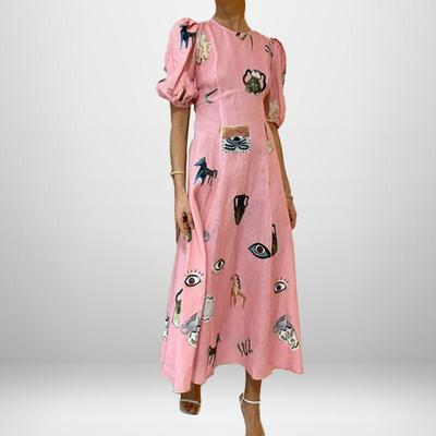 New Printed Fashionable Temperament Puff Sleeve Slim Fit Dress