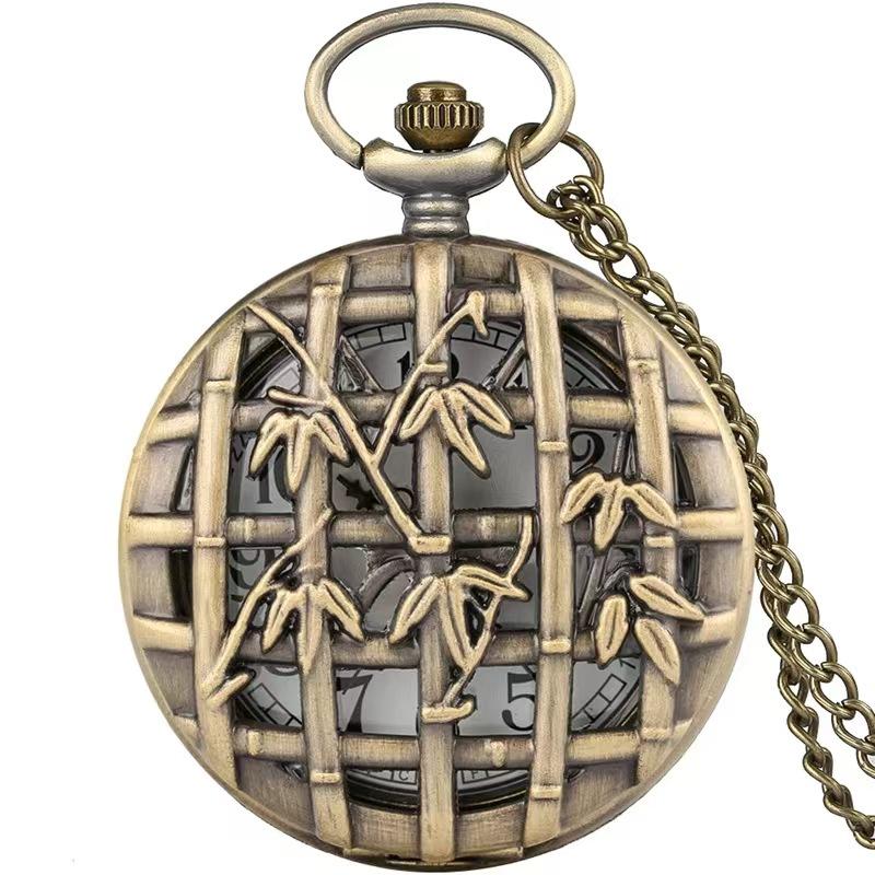 

Antique Style Bronze Hollow Bamboo Quartz Pocket Watch Round Dial Hands Necklace Pendant FOB Sweater Watch For Men And Women бронзовий
