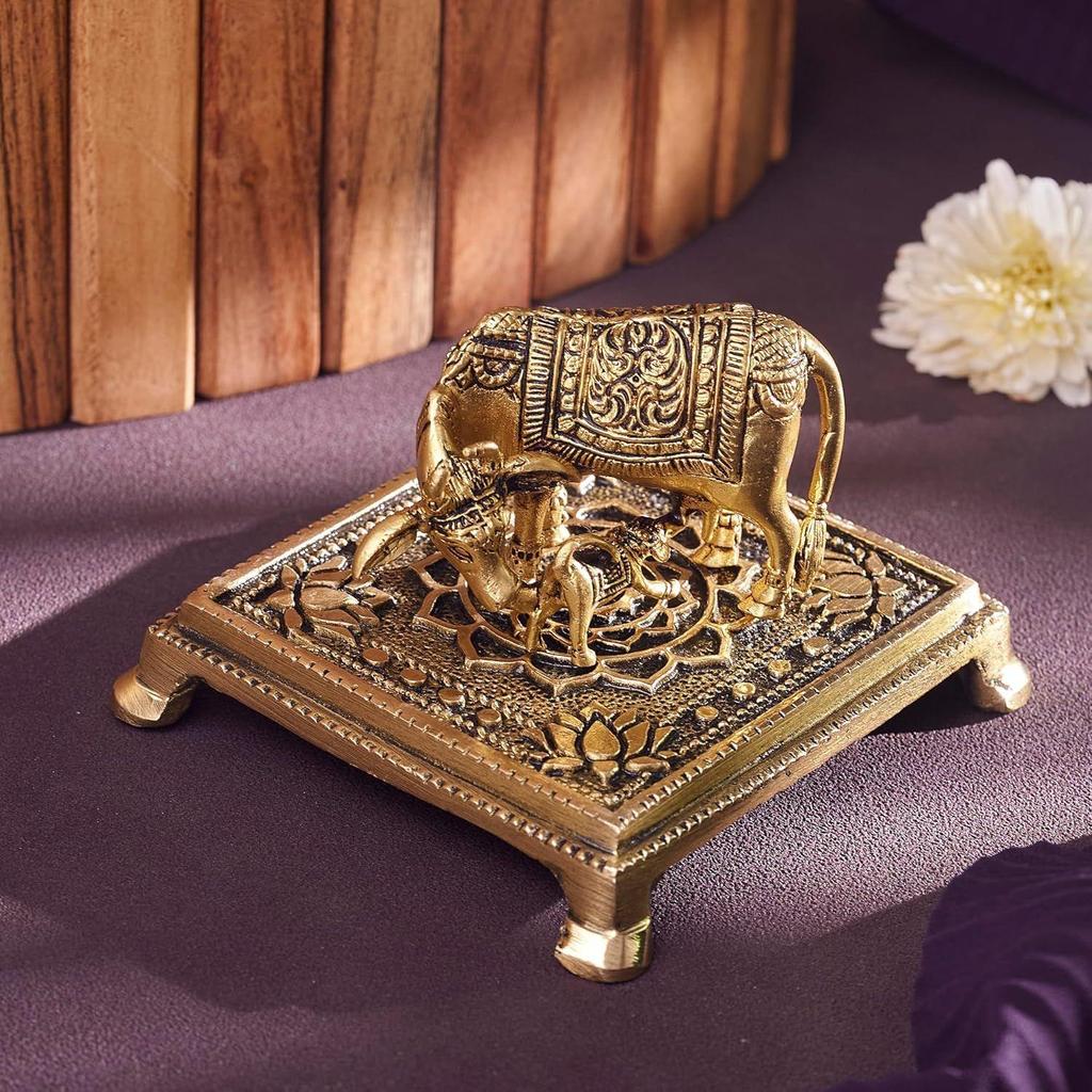 Brass Kamadhenu Kamdhenu Cow with Calf Idol, Small 2" Murti, Vastu Decor for Wealth, Health, Peace & Happiness Detailing & Light Weight