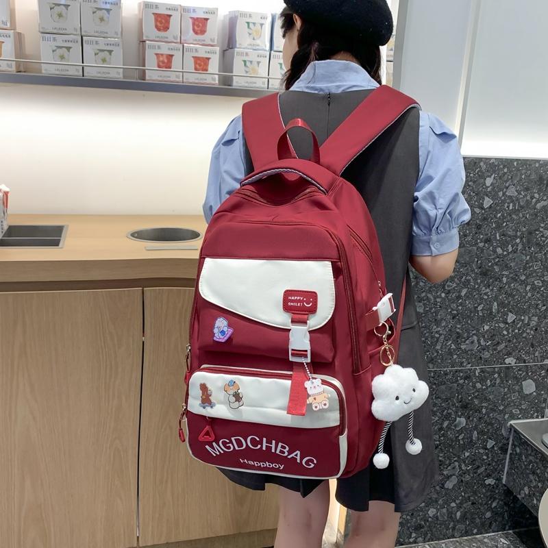 Women Contrast Color Large Capacity Schoolbag Letter Print Backpack for Middle School Students