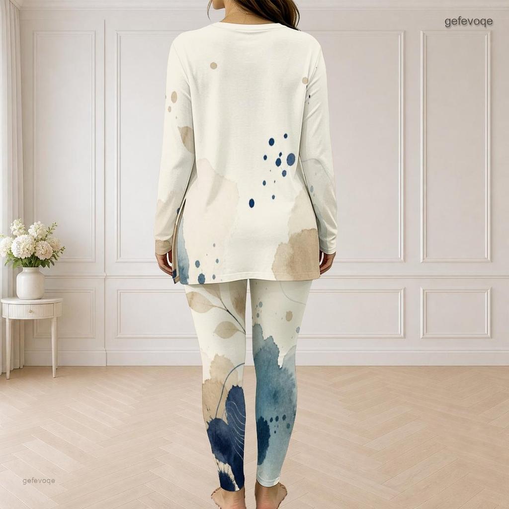 Women Plus Size White Blue Green Printed Front Zip Long Sleeve Top And Long Pants Two Piece Set