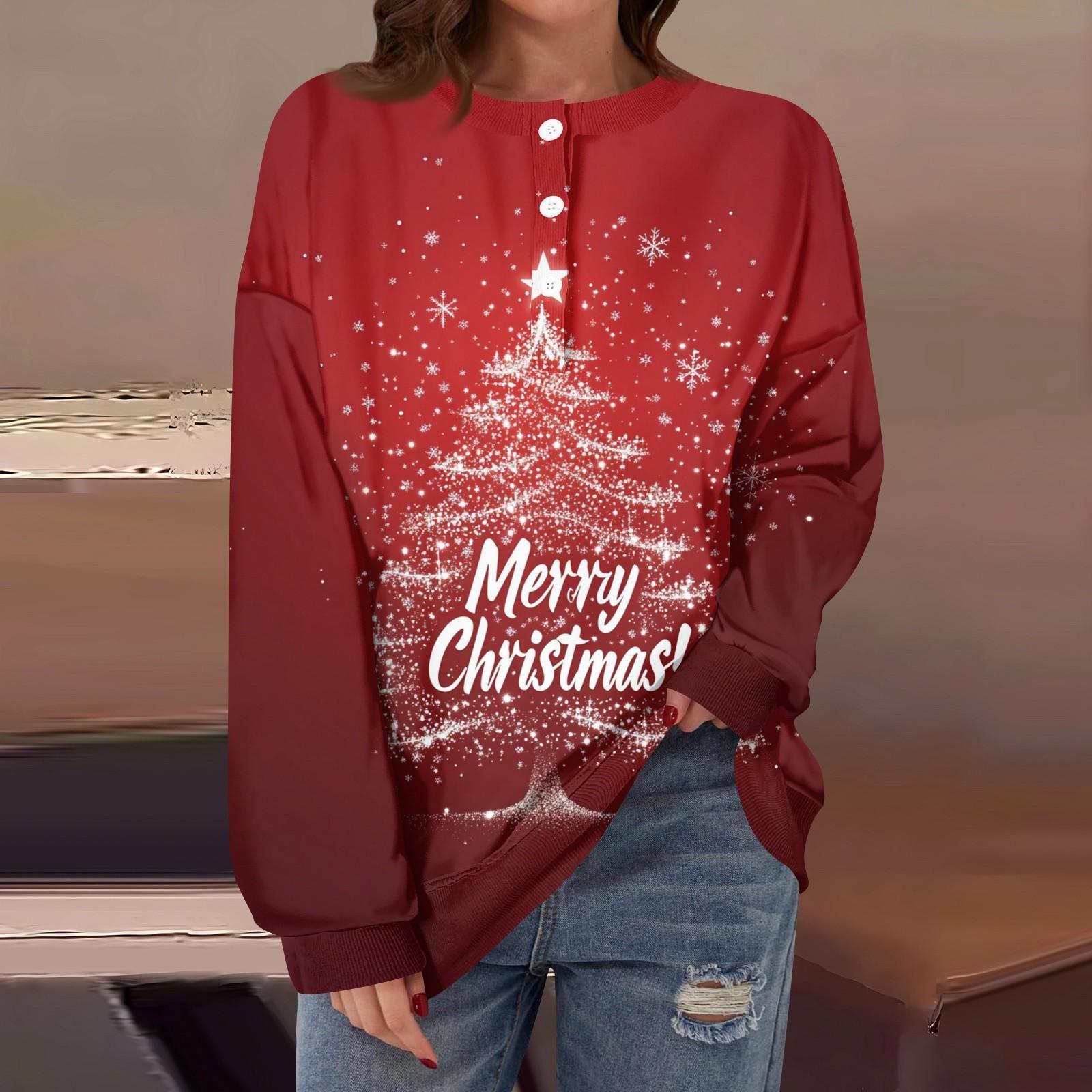 

Женская повседневная мода, удобная рождественская футболка с длинным рукавом, круглым вырезом, пуговицами, свободным подолом и боковыми разрезами L винный