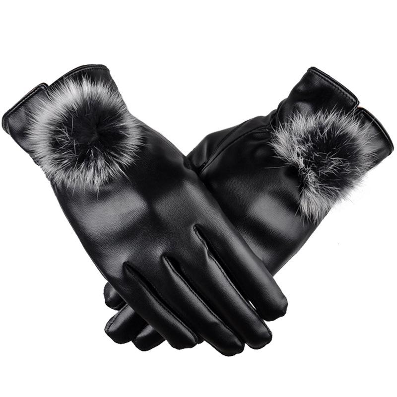 New Autumn and Winter Warm Gloves Plus Velvet Cold Proof Women's PU Leather Gloves Rabbit Hair Ball Play Mobile Phone Touch Screen Gloves