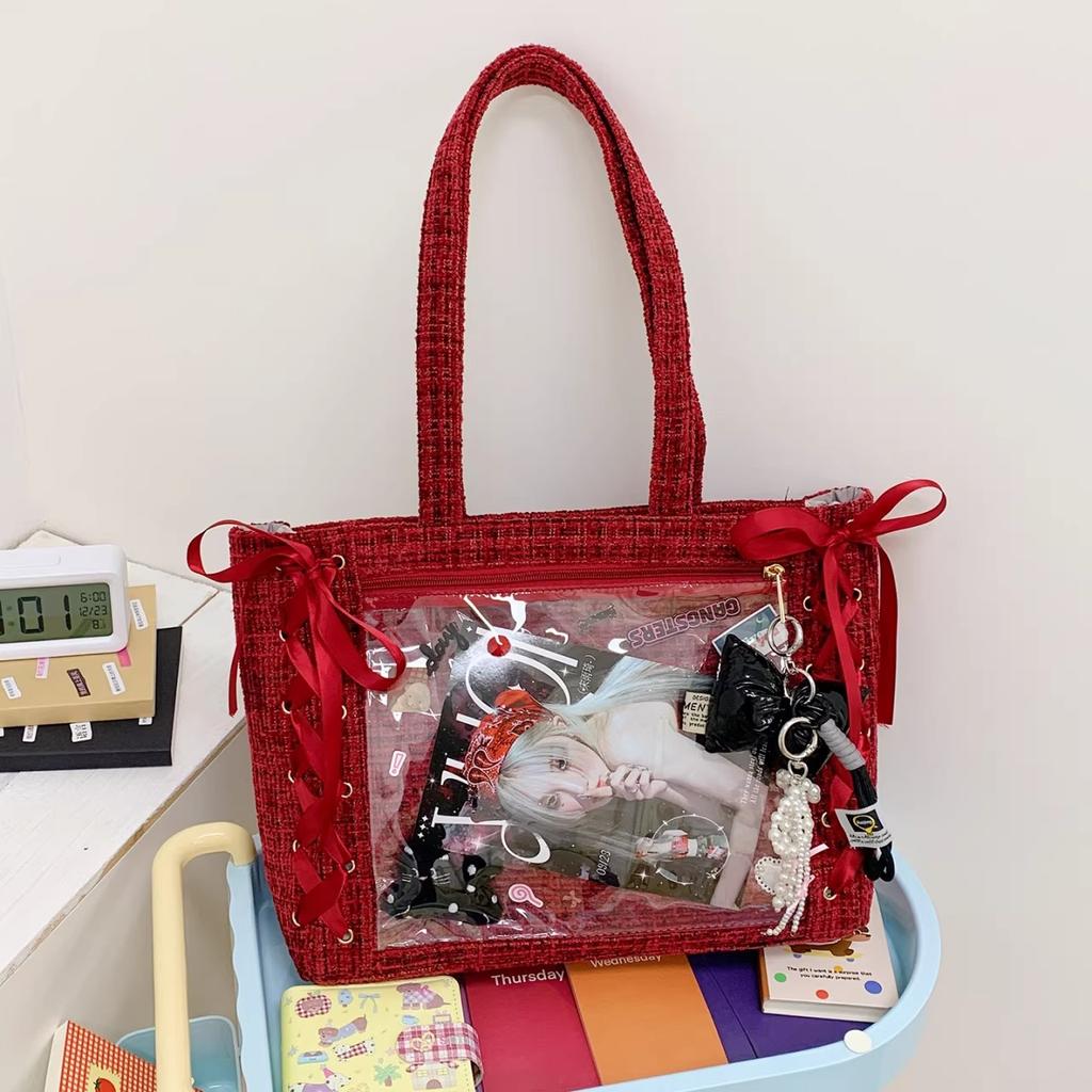New Y2K Ribbon Bow Japanese Ita Shoulder Bag Cute Girl Transparent Pocket Large Capacity Crossbody Tote Bag DIY Display Handbags