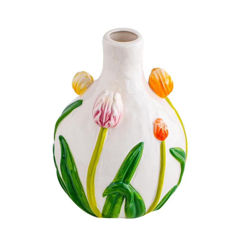 Ceramic Vase Embossed Tulip Colorful Flower Pattern Flower Vase Floral Arrangement Accessories Home Decoration Accessories