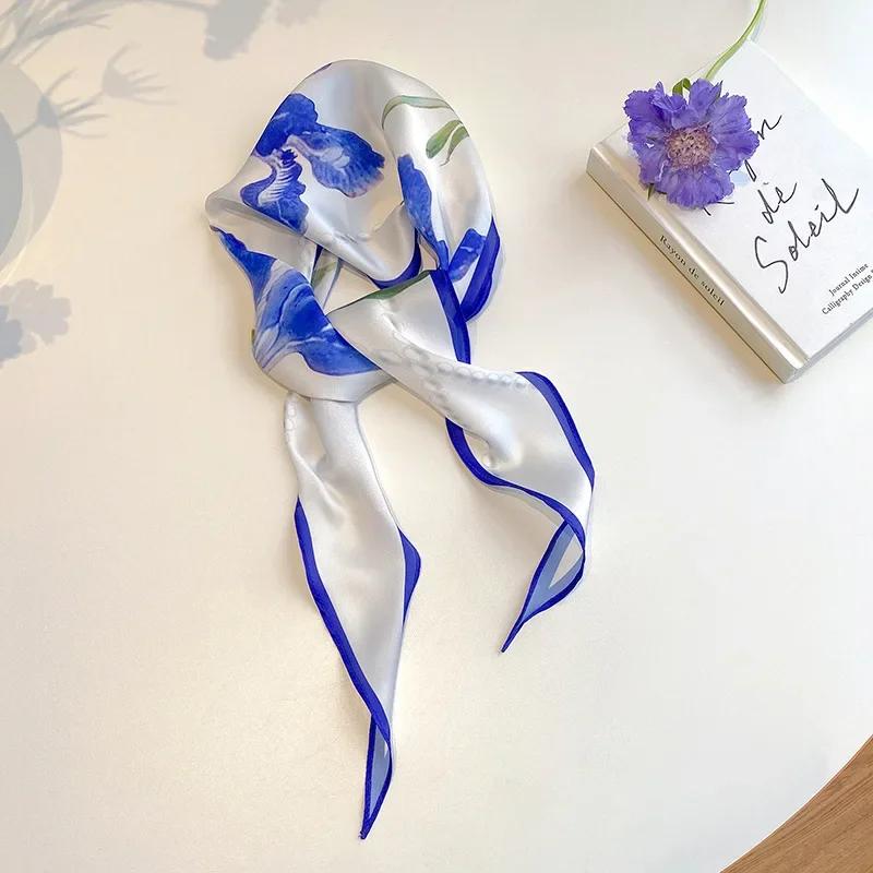 Fashion Silk Satin Scarf Women Long Headband Cute Neckerchief Flora Print Hair Tie Scarfs For Ladies Skinny Hairband Bag Scarves