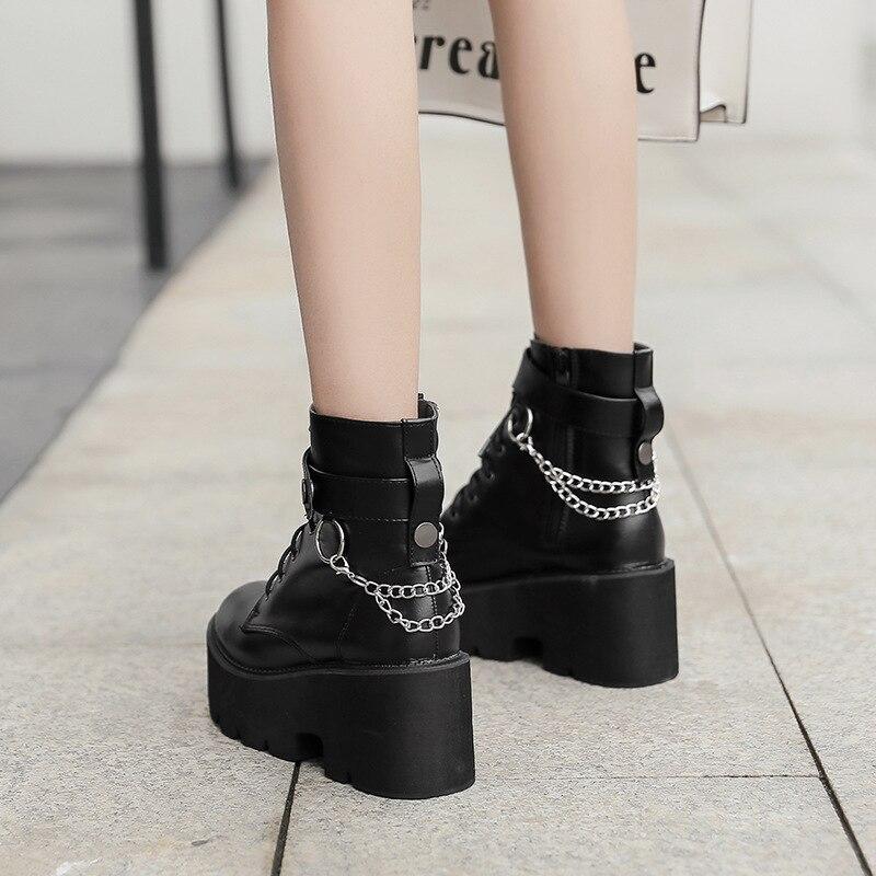 New Sexy Chain Women Leather Autumn Boots Block Heel Gothic Black Punk Style Platform Shoes Female Footwear High Quality