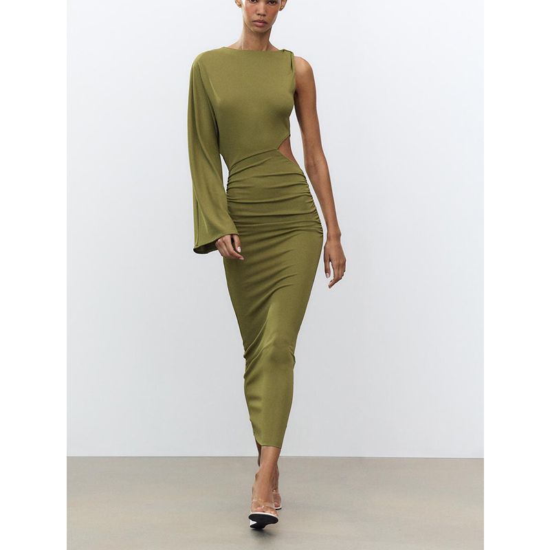 Spring and Summer Women's Clothing Ruched One Shoulder Asymmetric Design Vertical Cut Out Decoration Mini Dress 5039328