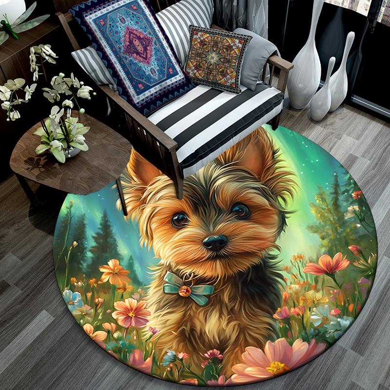 Yorkshire Terrier Round Area Rug,Carpet Rug for Living Room Bedroom Sofa Playroom Decor,Non-slip Floor Mat