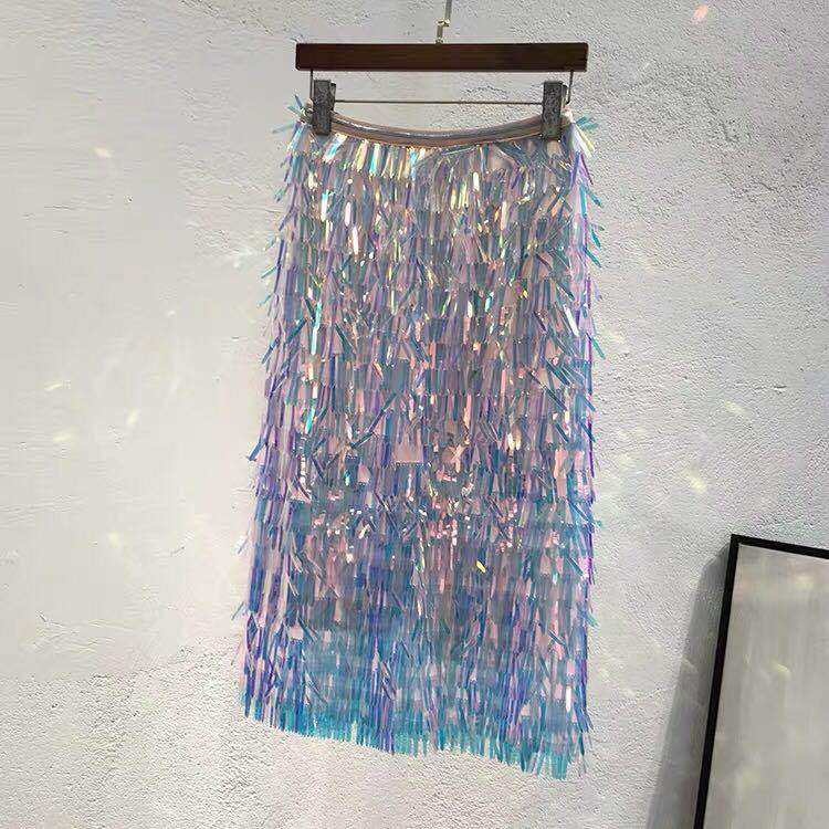 Super Dazzling Colorful Tassel Sequin High Waisted Wrapped Hip Skirt, Half Skirt, Colorful Beaded Slim Fit Skirt for Women