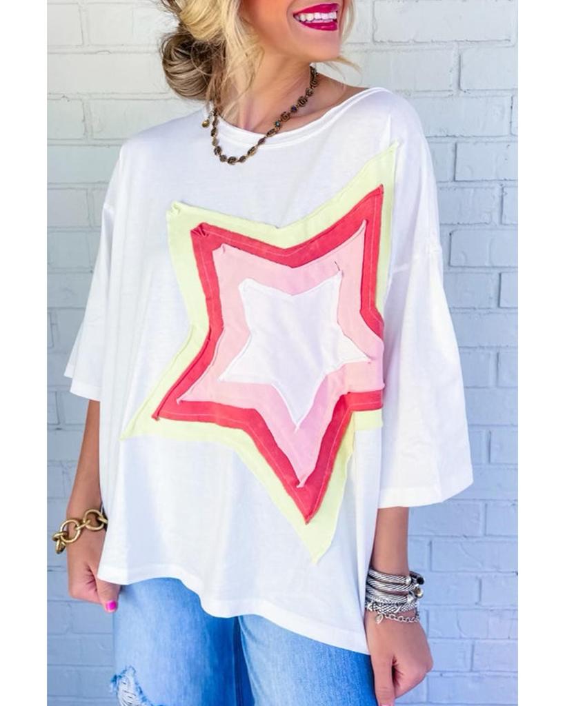 Azura Exchange White Colorblock Star Patched Half Sleeve Oversized Tee