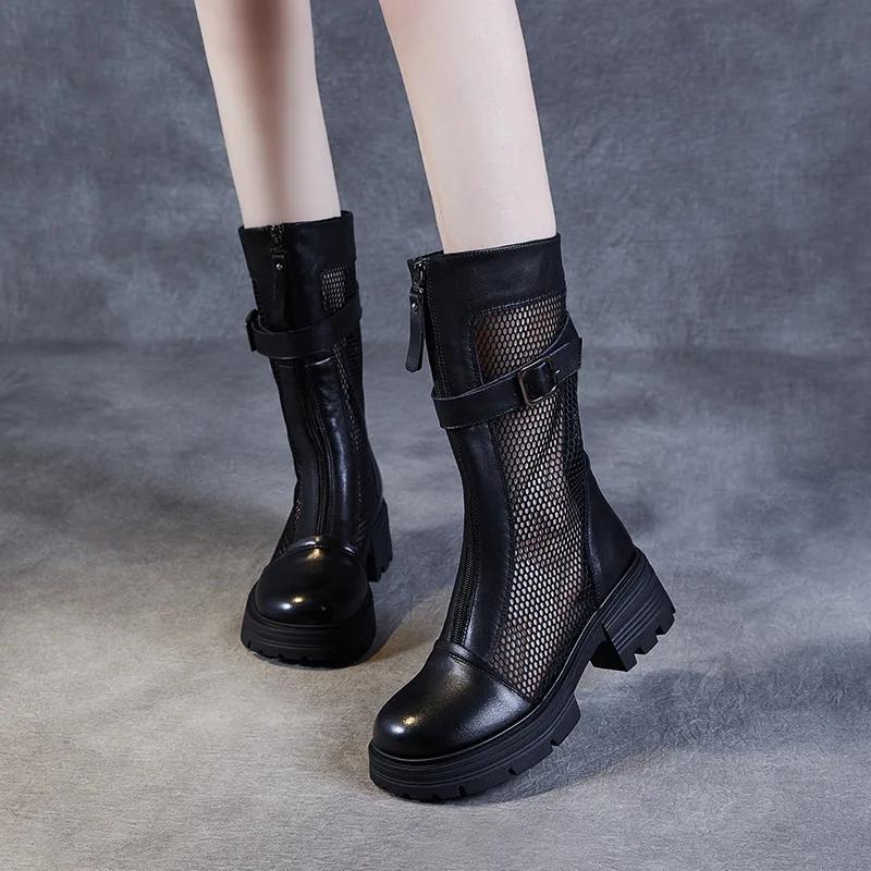 High Quality 5.5CM Air Mesh Genuine Leather Women Hollow Ankle Booties Sandals Shoes Platform Wedge Breathable Summer Fashion