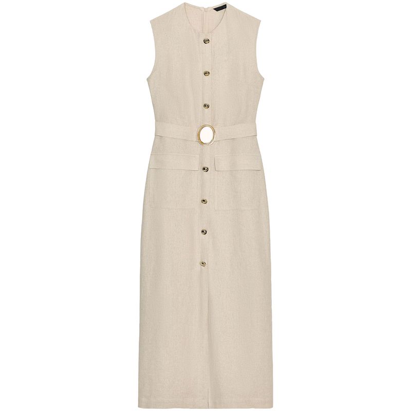 Zaprha 2025 New Arrival Linen Blend Buckle Decoration Midi Skirt Sleeveless Dress Waist Slim Looking 3721939