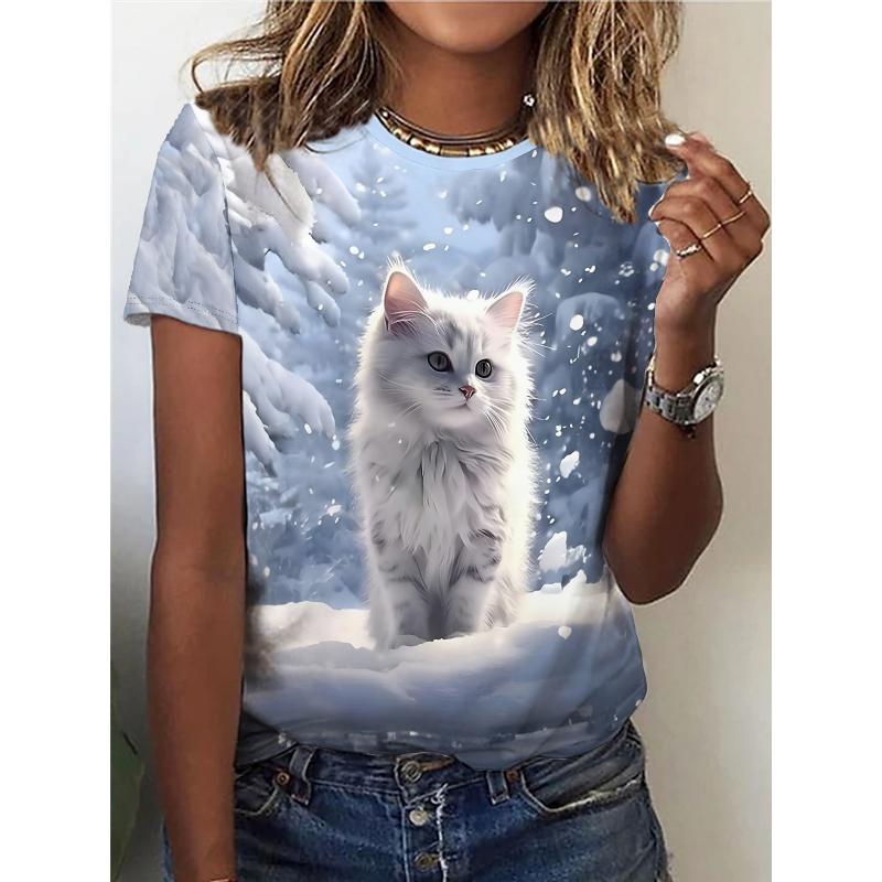 

Футболка с принтом белой кошки, повседневный топ с круглым вырезом и короткими рукавами для весны и лета, женская одежда S