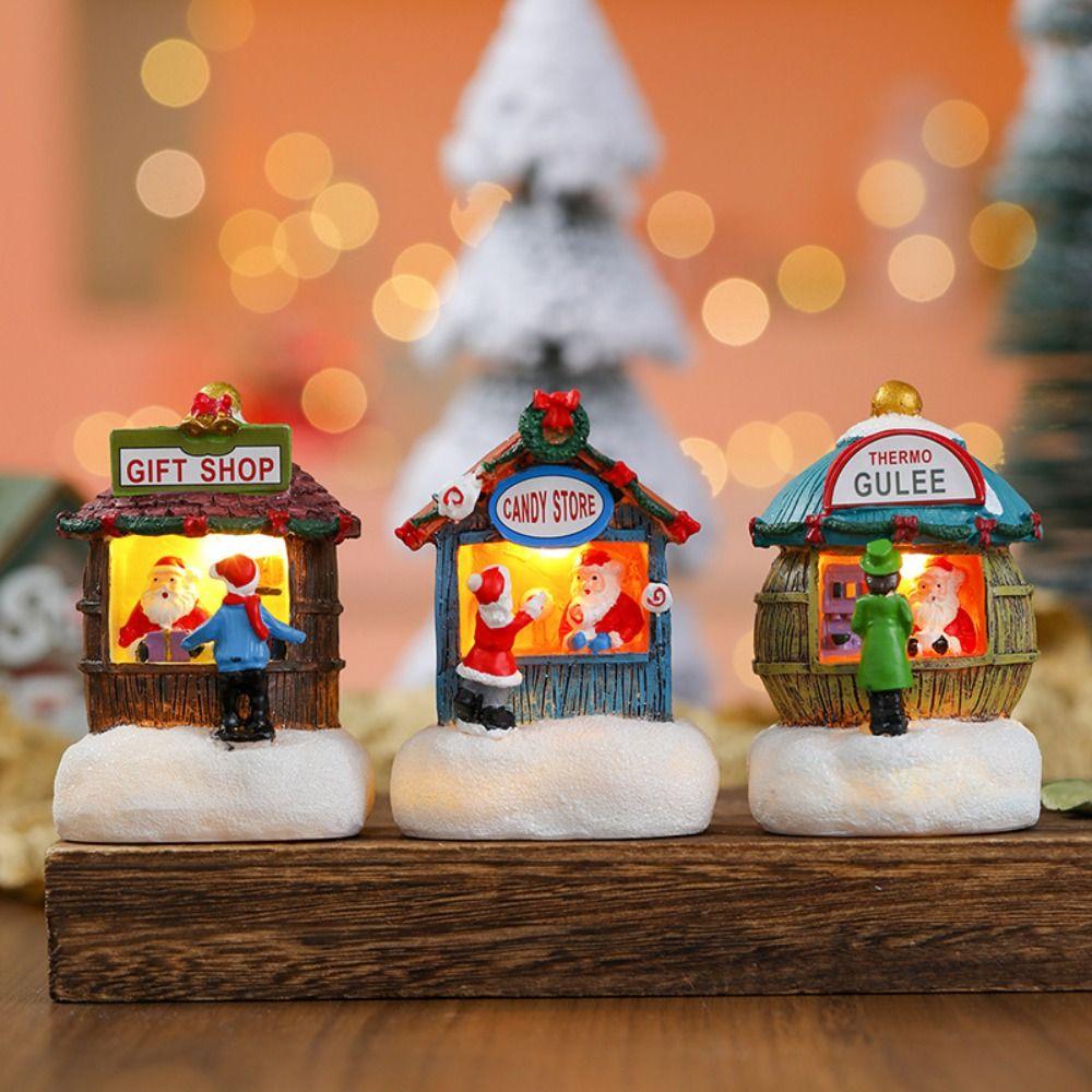 Santa House Miniatures Resin Christmas Microlandscape Ornament Christmas Small House Lamp  Kid Gift